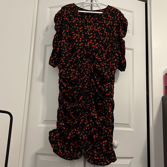 HALF SLEEVE V NECK CHERRY RUSHED DRESS - Picture 5 of 5